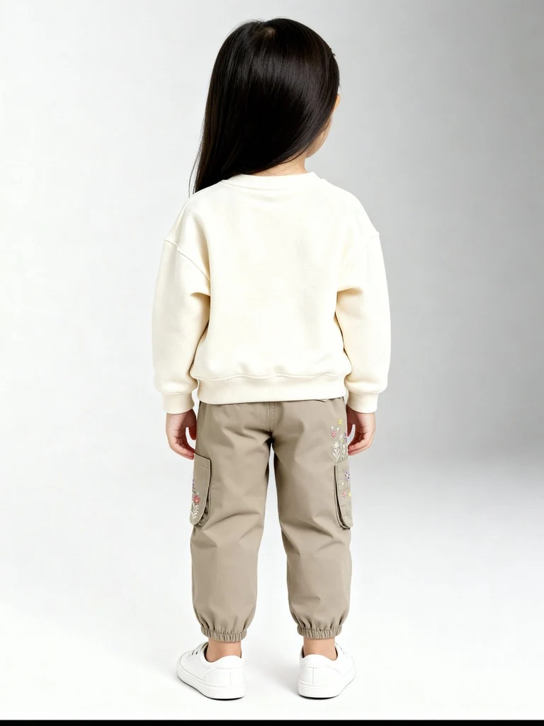 HOP Kids Girls Beige Floral Embroidered Mid-Rise Cotton Joggers - Image 6