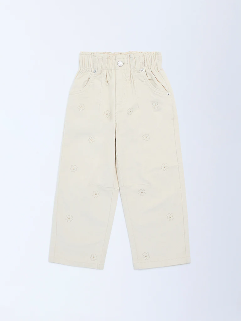 HOP Kids Girls Beige Floral Printed High-Rise Corduroy Trousers - Image 3