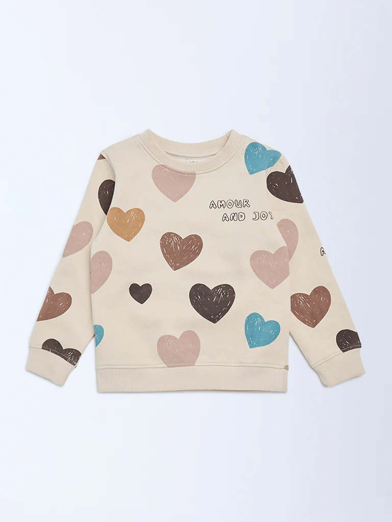 HOP Kids Girls Beige Heart Printed Cotton-Blend Sweatshirt - Image 4