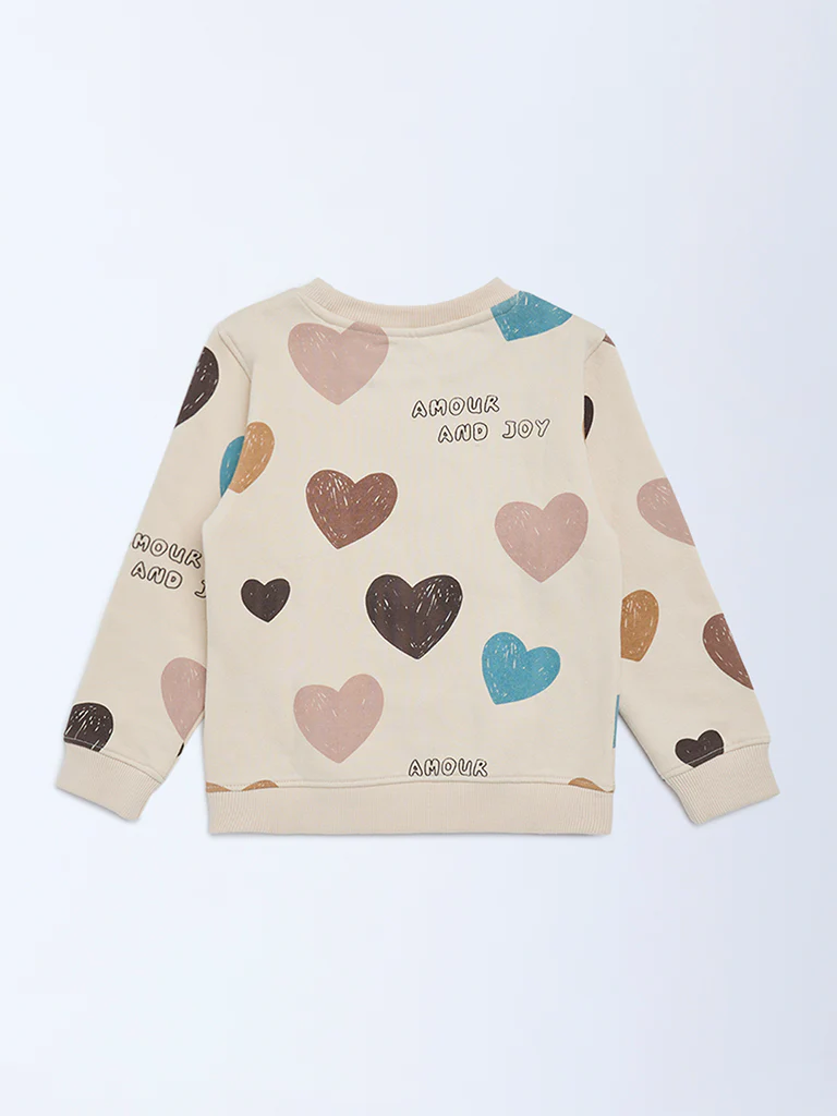 HOP Kids Girls Beige Heart Printed Cotton-Blend Sweatshirt - Image 5