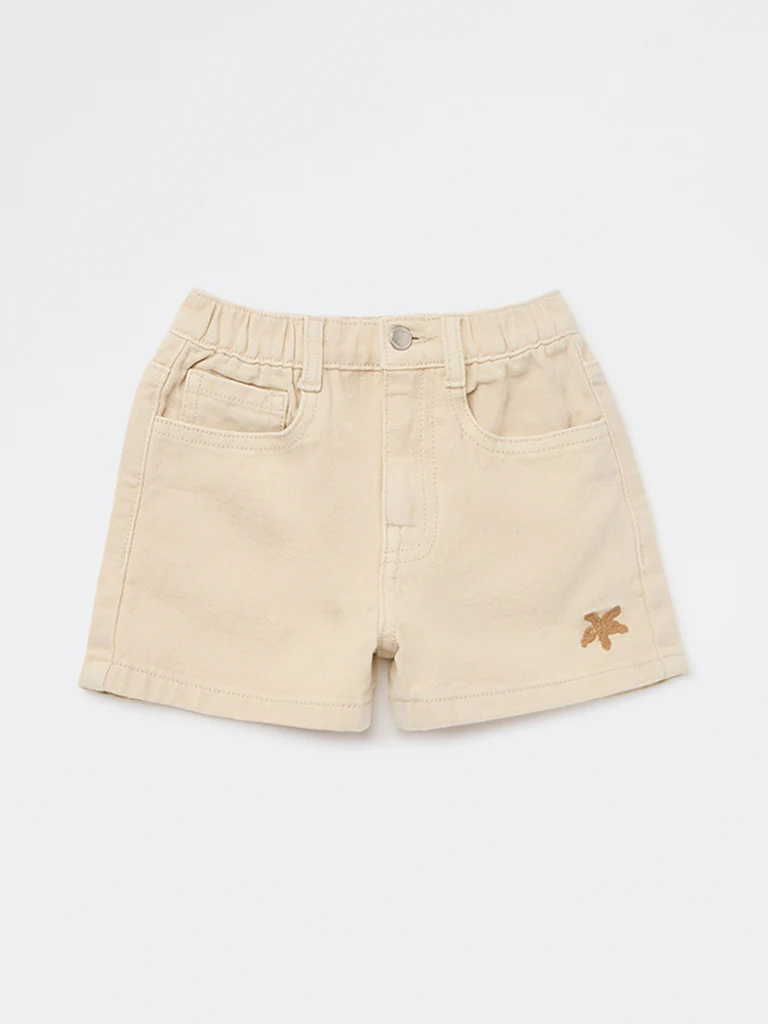 HOP Kids Girls Beige High-Rise Denim Shorts - Image 4