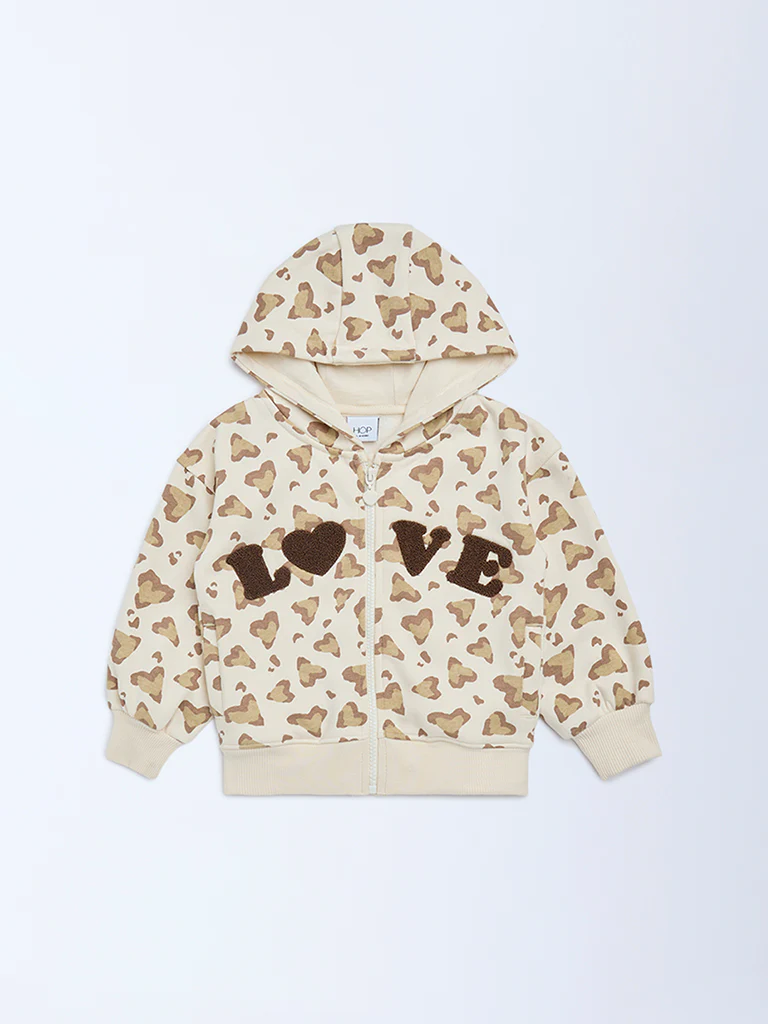 HOP Kids Girls Beige Printed Cotton-Blend Hoodie - Image 4