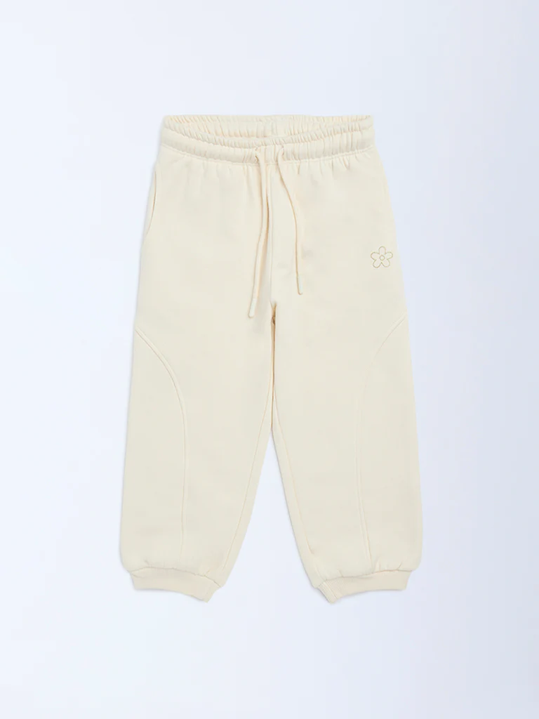 HOP Kids Girls Beige Solid High-Rise Cotton-Blend Joggers - Image 3