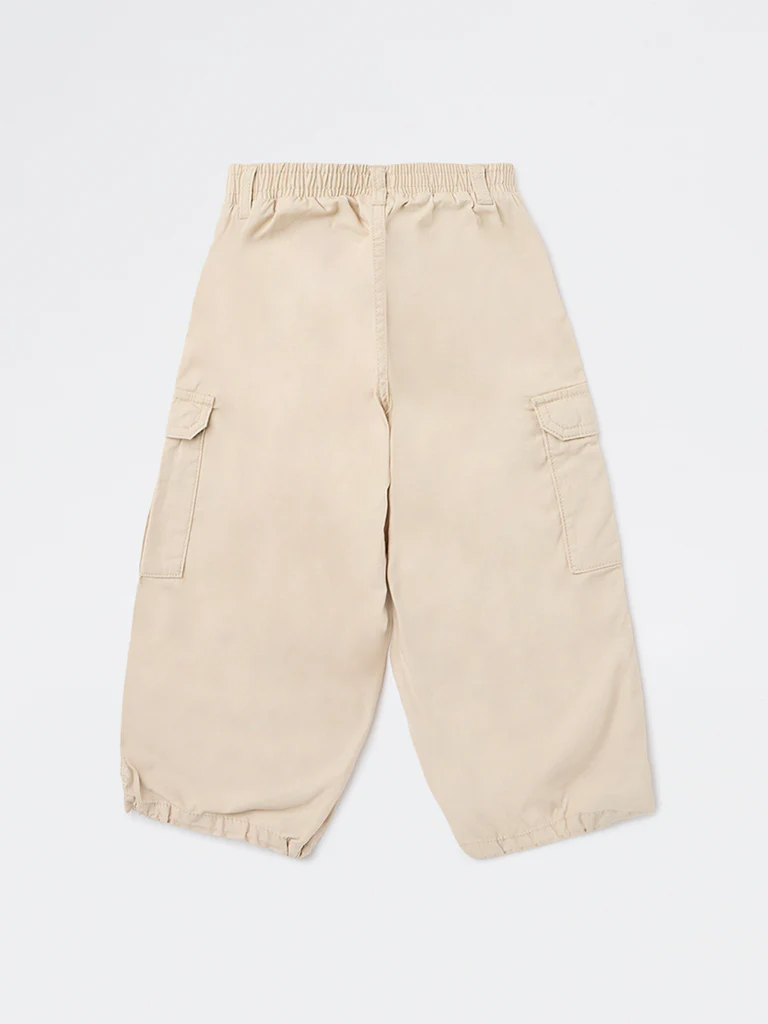 HOP Kids Girls Beige Solid High-Rise Cotton Joggers - Image 4