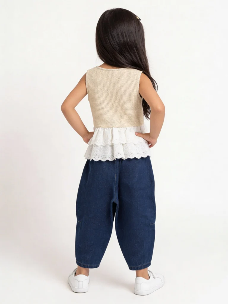 HOP Kids Girls Beige Waffle Textured Cotton Peplum Top - Image 2