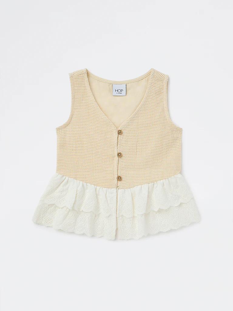 HOP Kids Girls Beige Waffle Textured Cotton Peplum Top - Image 3