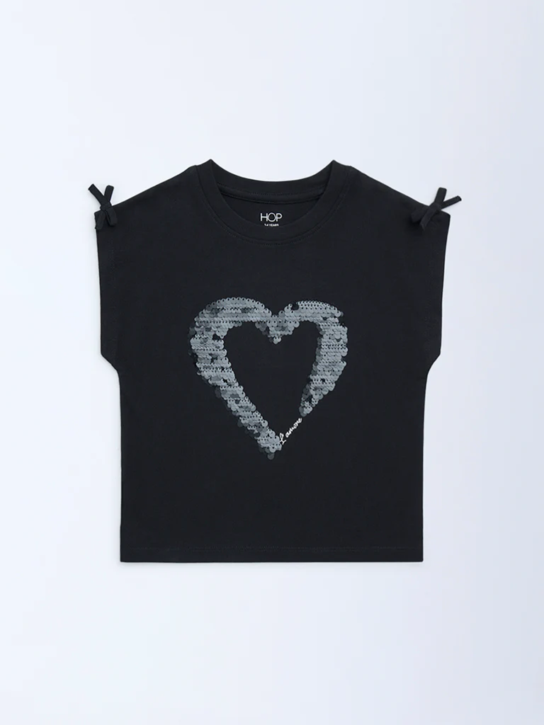 HOP Kids Girls Black Embellished Cotton T-Shirt - Image 4