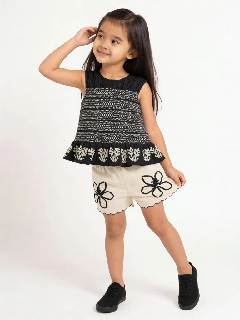 HOP Kids Girls Black Embroidered Smocked Cotton Top