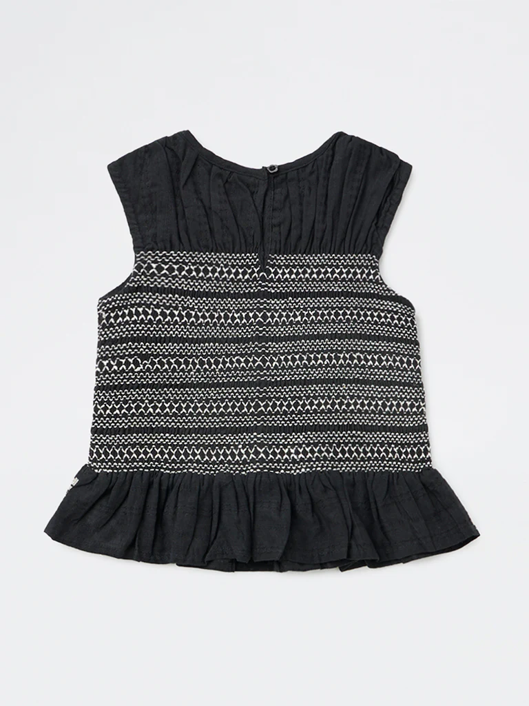 HOP Kids Girls Black Embroidered Smocked Cotton Top - Image 4