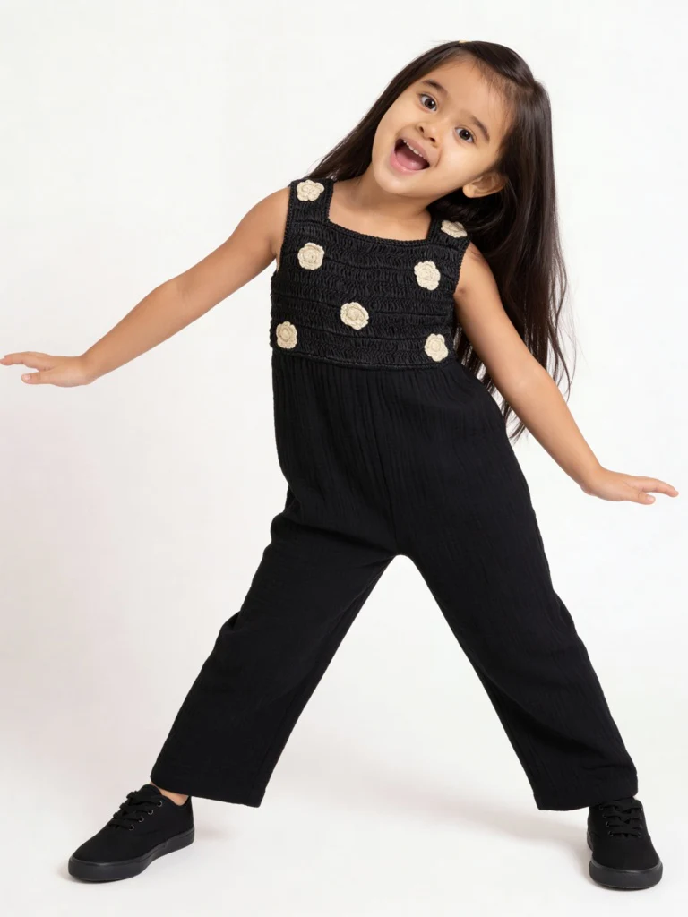 HOP Kids Girls Black Floral Appliqué Cotton Jumpsuit