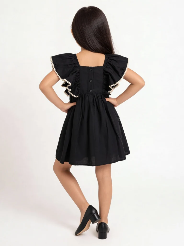 HOP Kids Girls Black Floral Embroidered A-Line Cotton Dress - Image 2