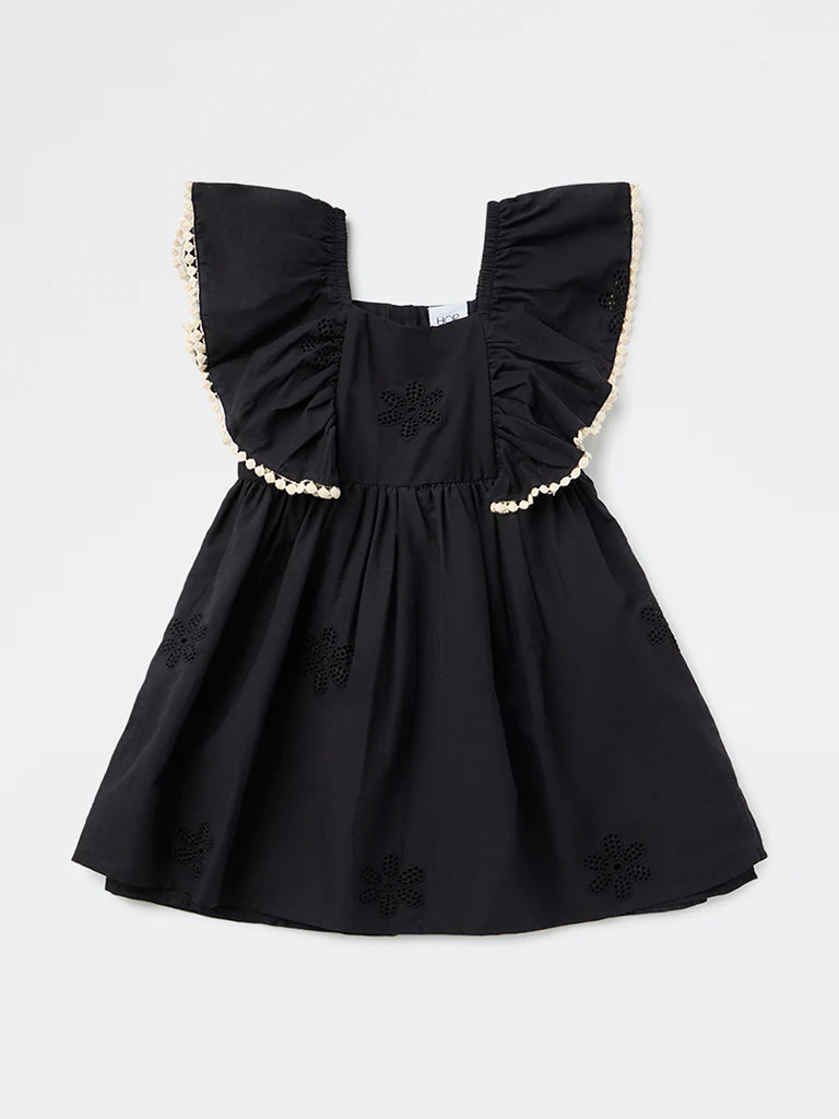 HOP Kids Girls Black Floral Embroidered A-Line Cotton Dress - Image 3
