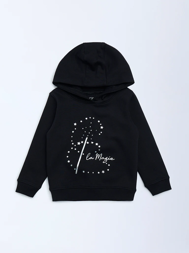 HOP Kids Girls Black Printed Cotton-Blend Hoodie - Image 3
