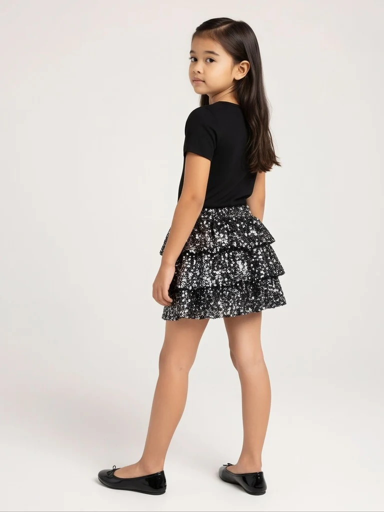 HOP Kids Girls Black Sequin Embellished High-Rise Tiered Skirt - Image 2