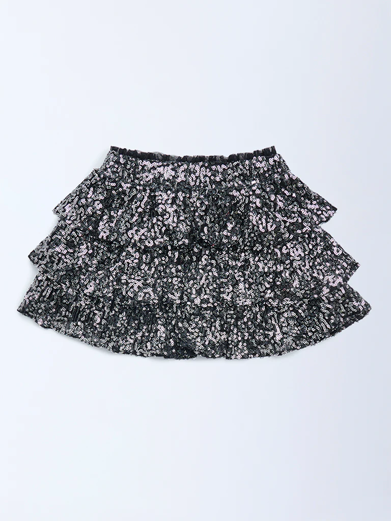 HOP Kids Girls Black Sequin Embellished High-Rise Tiered Skirt - Image 4