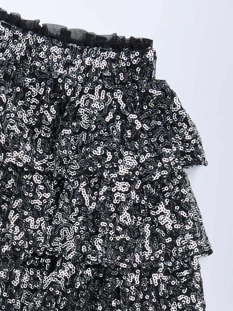 HOP Kids Girls Black Sequin Embellished High-Rise Tiered Skirt - Image 5