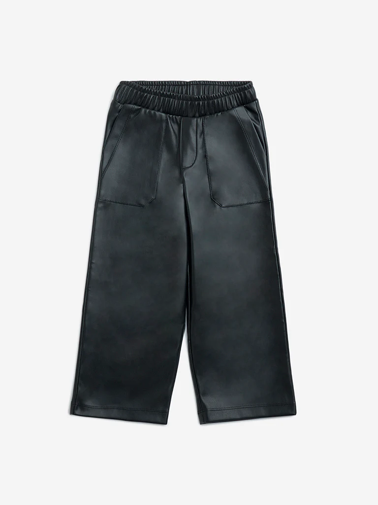 HOP Kids Girls Black Solid High-Rise Faux-Leather Pants - Image 3
