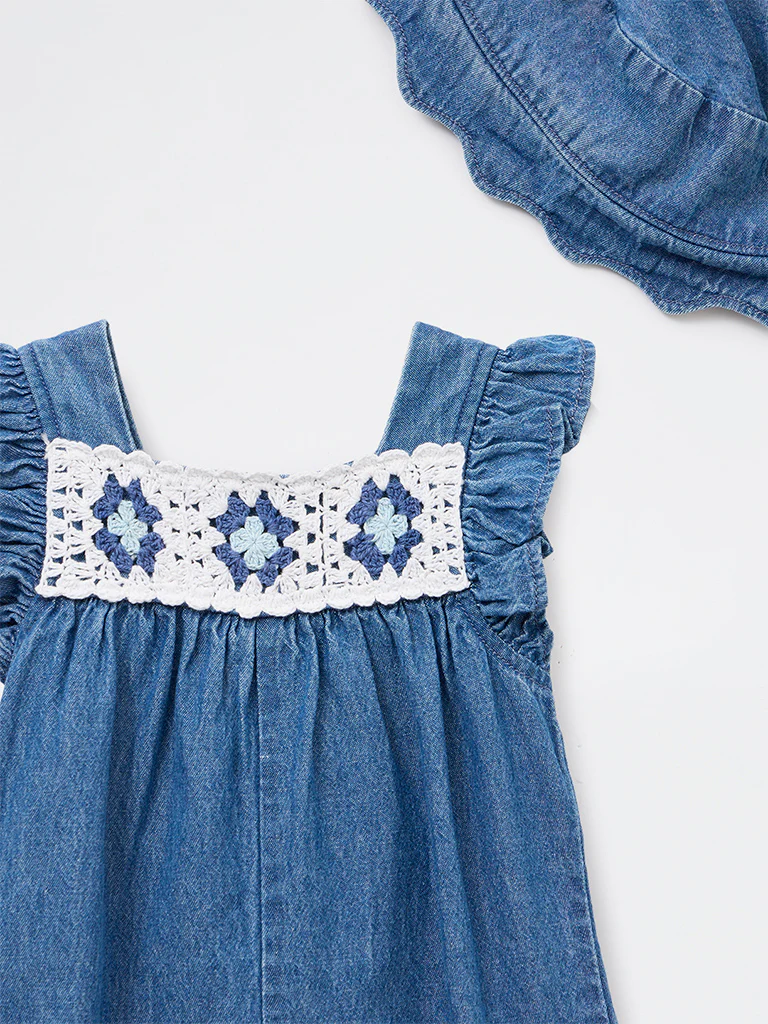 HOP Kids Girls Blue Crochet Denim Jumpsuit with Hat - Image 5