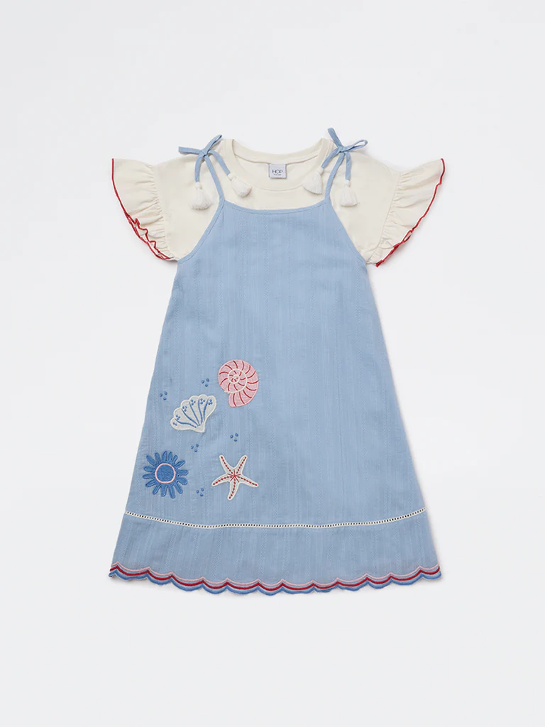 HOP Kids Girls Blue Embroidered Cotton Dress and T-Shirt Set - Image 3