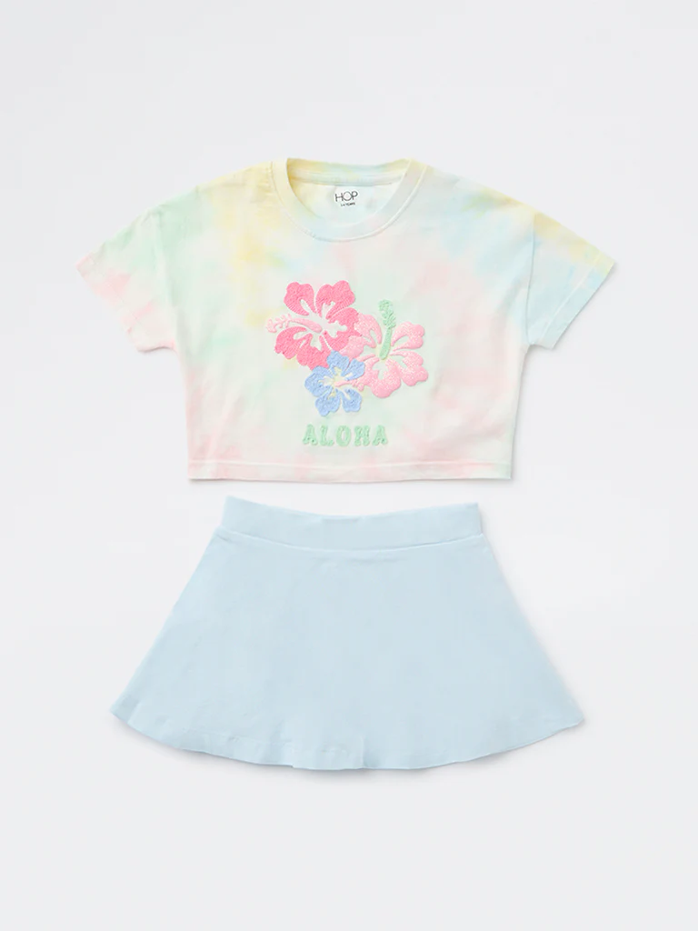 HOP Kids Girls Blue Embroidered Cotton T-Shirt and Skirt Set - Image 3