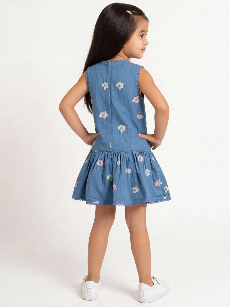 HOP Kids Girls Blue Embroidered Denim Dress - Image 2