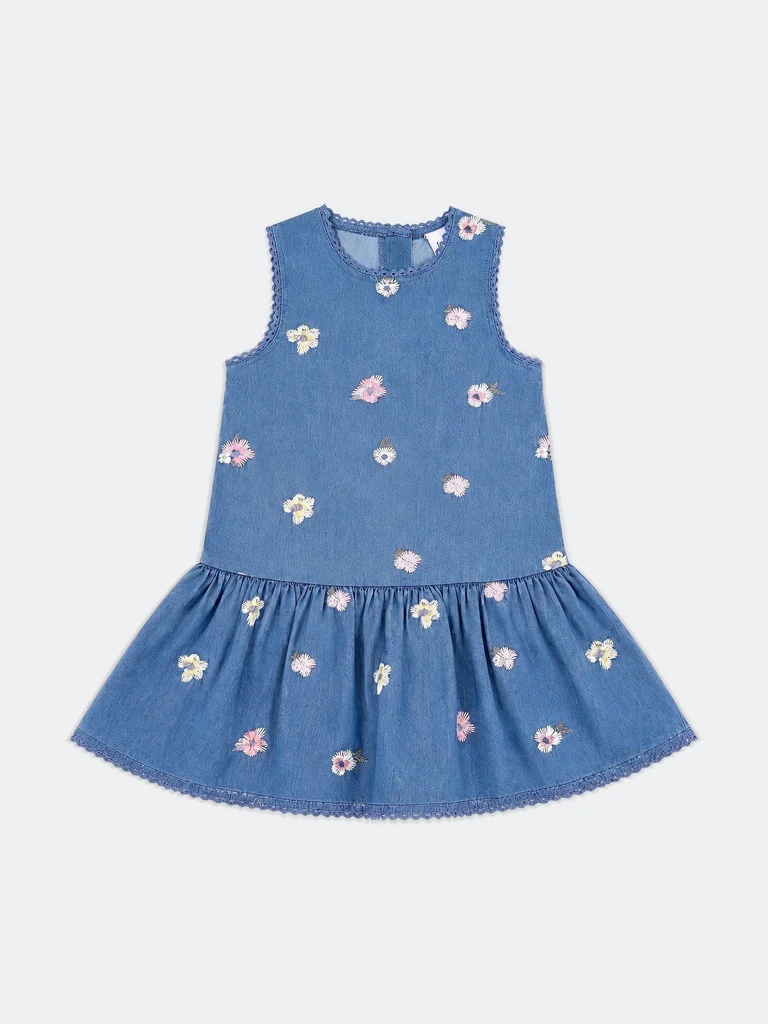 HOP Kids Girls Blue Embroidered Denim Dress - Image 3