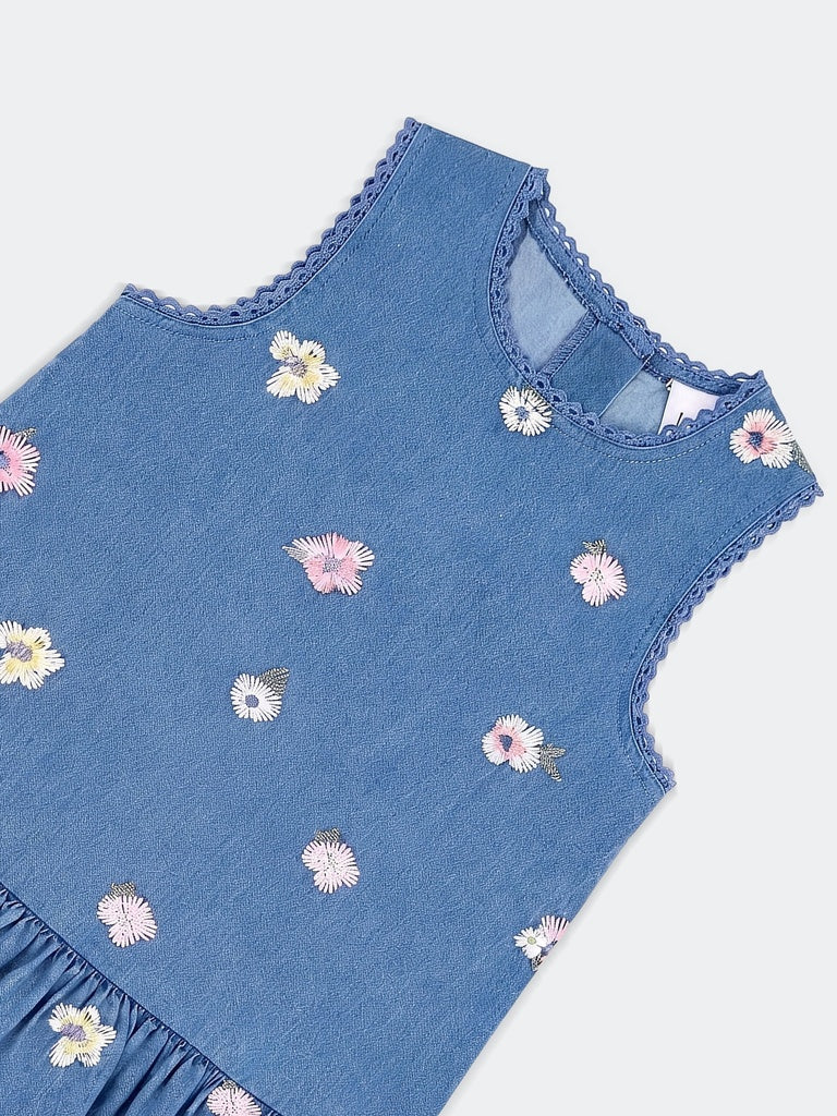 HOP Kids Girls Blue Embroidered Denim Dress - Image 5