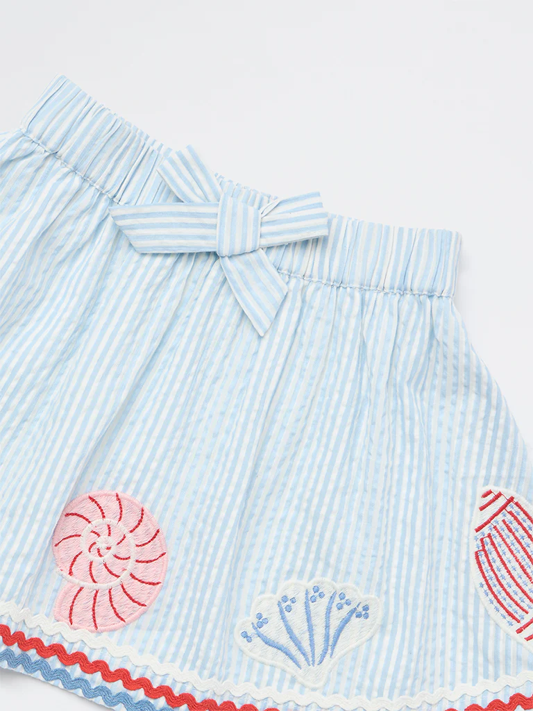 HOP Kids Girls Blue Embroidered High-Rise Cotton Skirt - Image 5