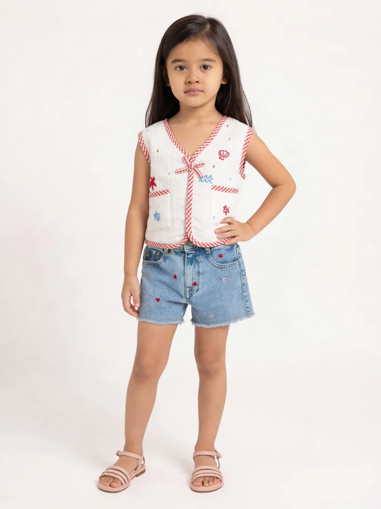 HOP Kids Girls Blue Embroidered High-Rise Denim Shorts