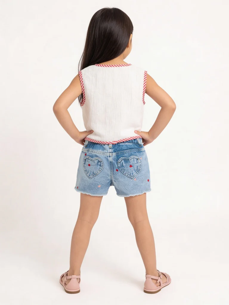 HOP Kids Girls Blue Embroidered High-Rise Denim Shorts - Image 2