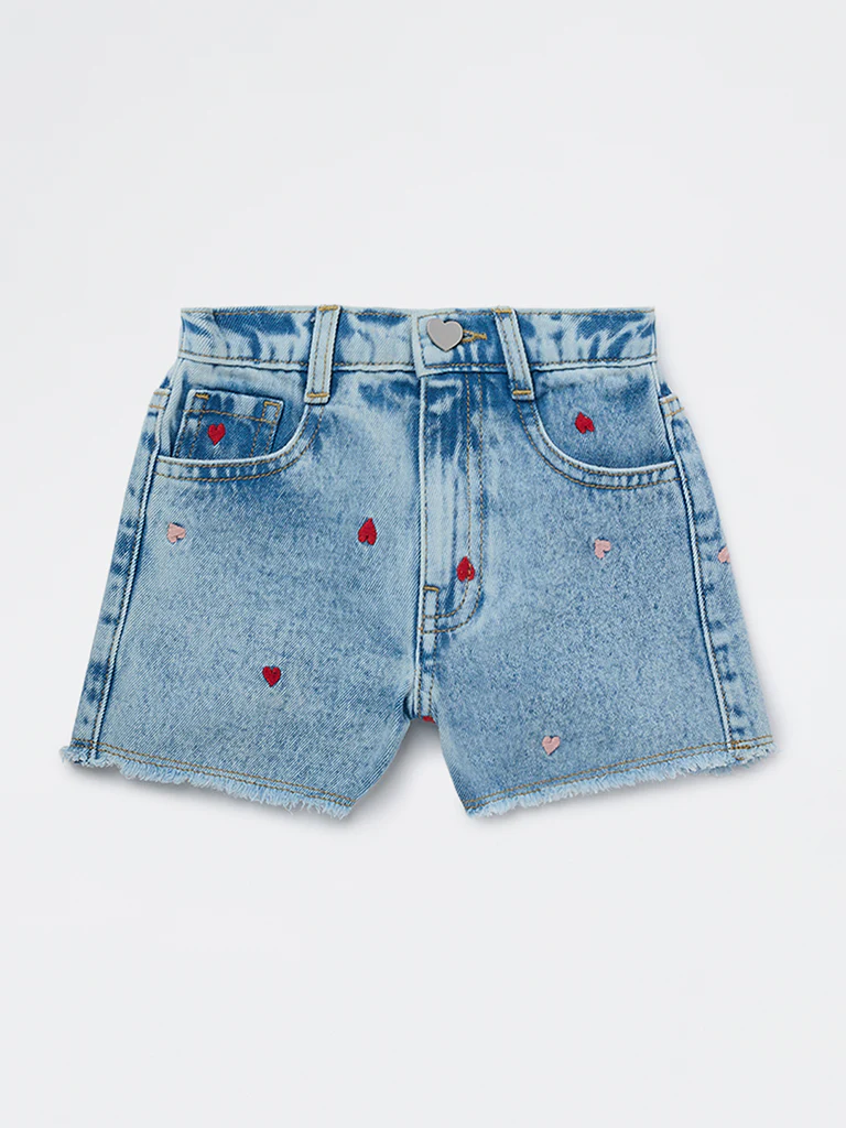 HOP Kids Girls Blue Embroidered High-Rise Denim Shorts - Image 3