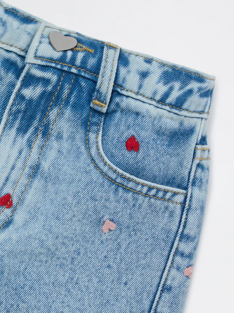 HOP Kids Girls Blue Embroidered High-Rise Denim Shorts - Image 5