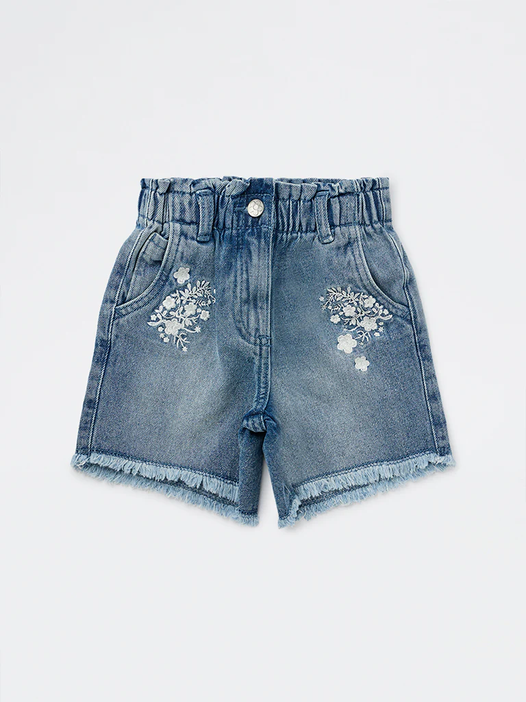 HOP Kids Girls Blue Embroidered High-Rise Denim Shorts - Image 3