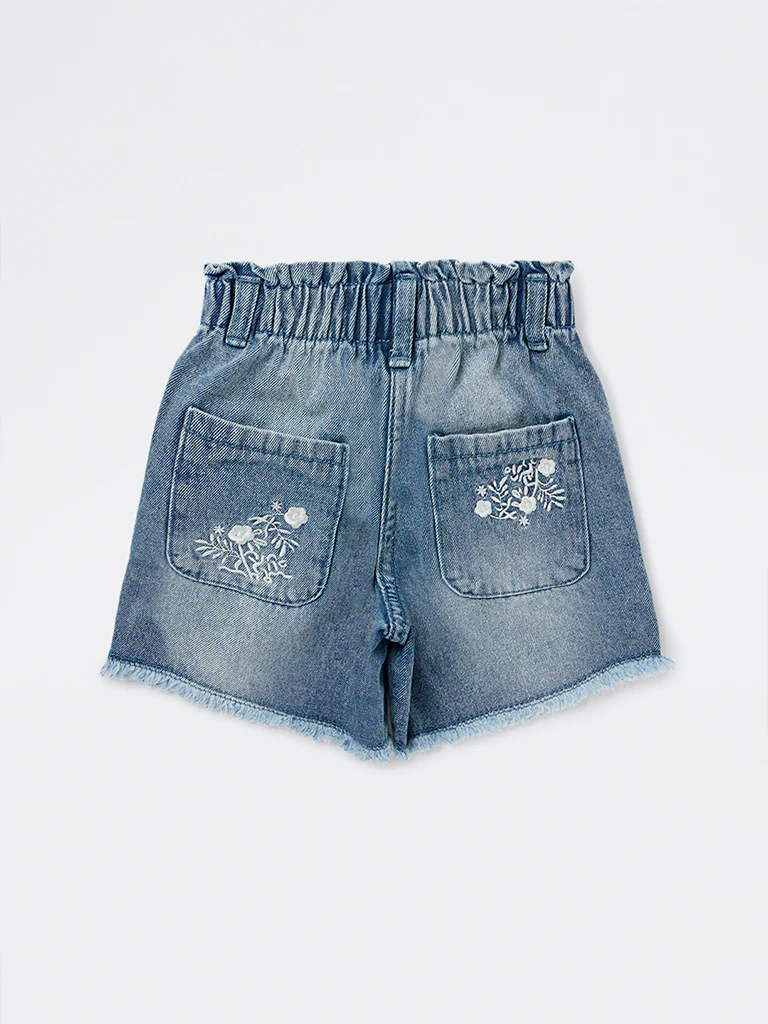 HOP Kids Girls Blue Embroidered High-Rise Denim Shorts - Image 4