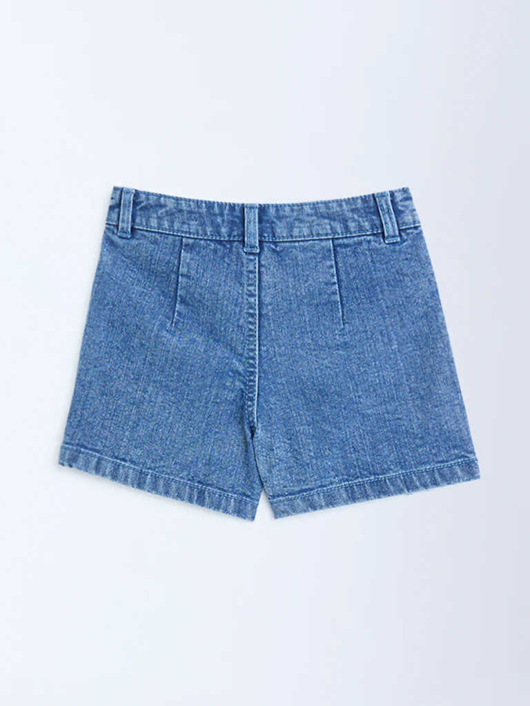 HOP Kids Girls Blue Floral Applique High-Rise Denim Skorts - Image 3