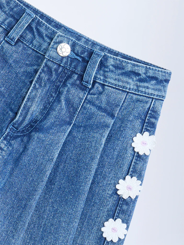 HOP Kids Girls Blue Floral Applique High-Rise Denim Skorts - Image 4