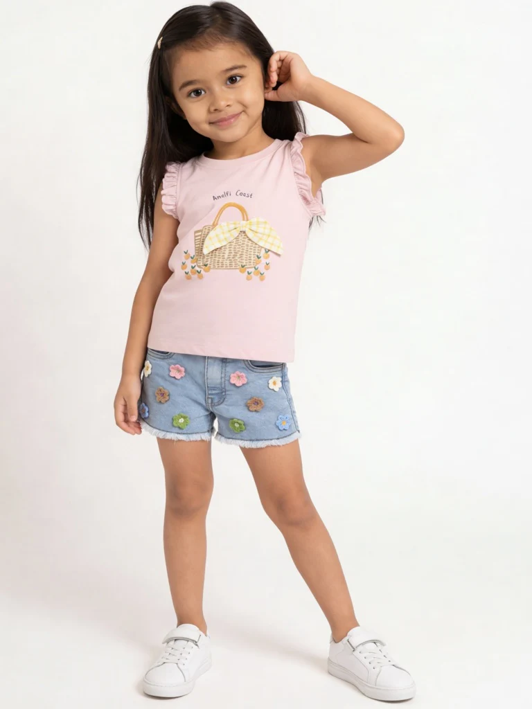 HOP Kids Girls Blue Floral High-Rise Denim Shorts