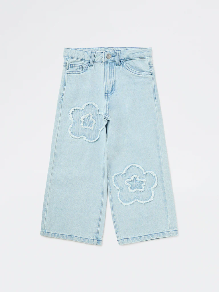 HOP Kids Girls Blue Floral High-Rise Relaxed-Fit Jeans - Image 3