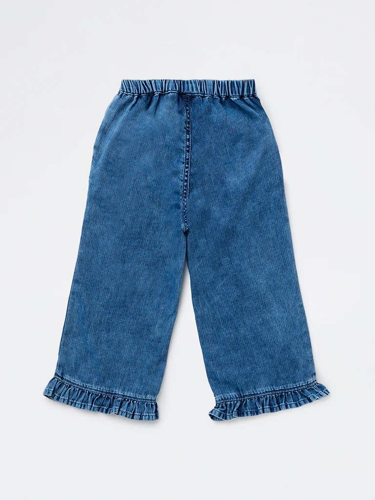 HOP Kids Girls Blue High-Rise Ruffled Hem Denim Trousers - Image 2