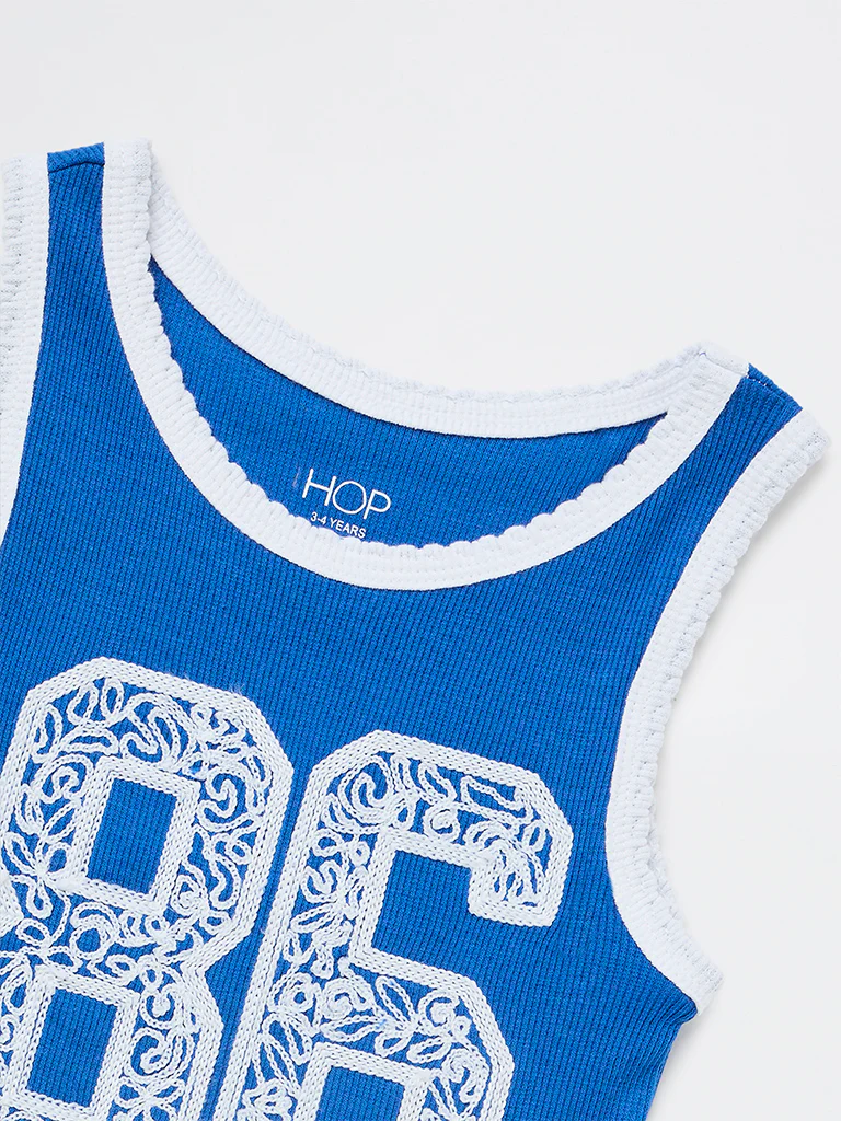 HOP Kids Girls Blue Numerical Embroidered Cotton-Blend Top - Image 5