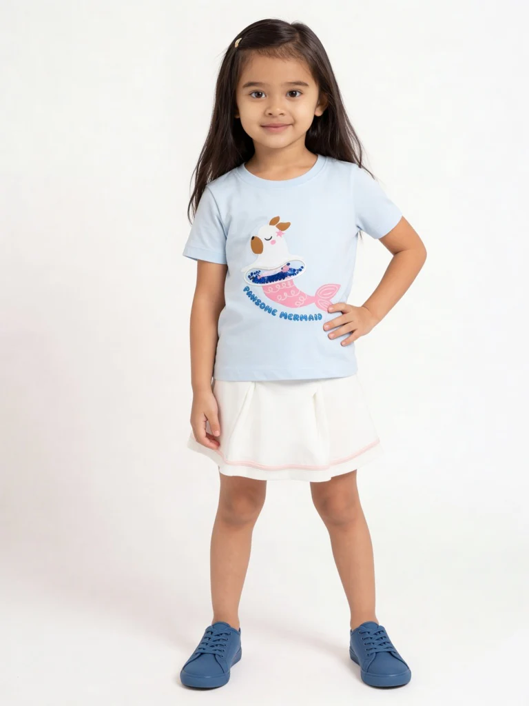 HOP Kids Girls Blue Printed Cotton T-Shirt