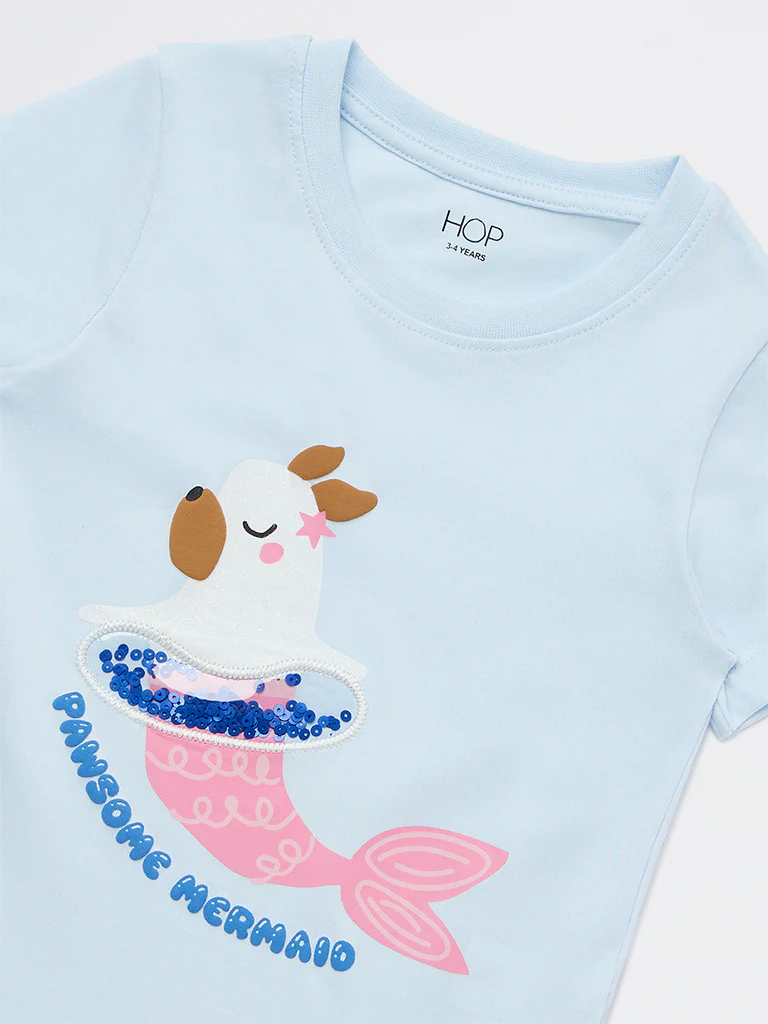 HOP Kids Girls Blue Printed Cotton T-Shirt - Image 6
