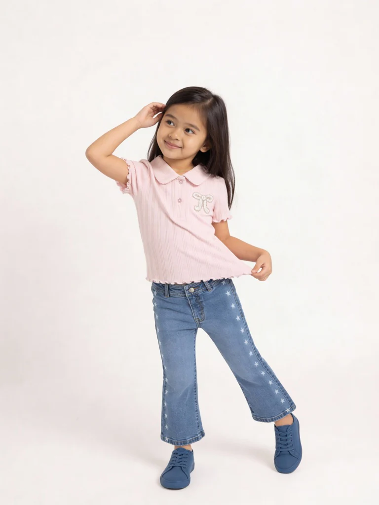 HOP Kids Girls Blue Printed Straight-Fit Mid-Rise Jeans