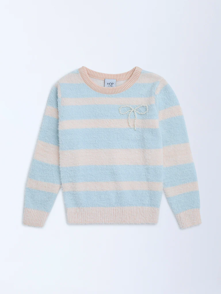 HOP Kids Girls Blue Striped Sweater - Image 3
