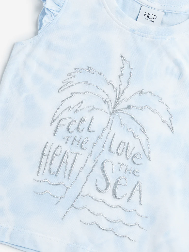 HOP Kids Girls Blue Text Pattern Tie-Dye Cotton Top - Image 4