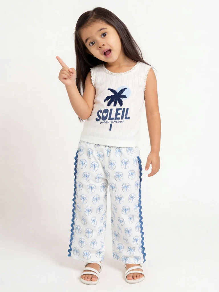 HOP Kids Girls Blue Tropical Printed High-Rise Trousers