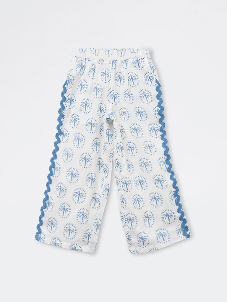 HOP Kids Girls Blue Tropical Printed High-Rise Trousers - Image 3