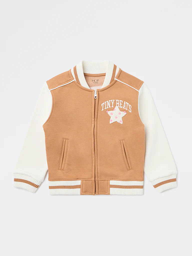 HOP Kids Girls Brown and Off-White Cotton-Blend Bomber Jacket - Image 3