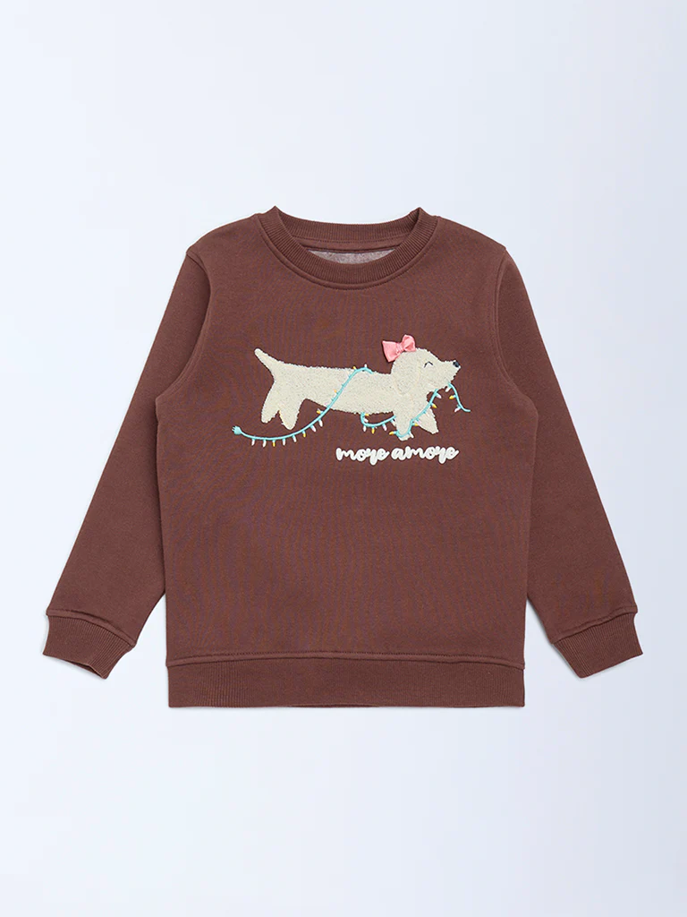 HOP Kids Girls Brown Animal-Detail Cotton-Blend Sweatshirt - Image 4