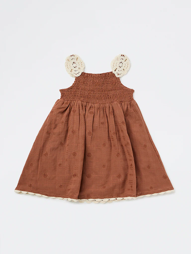 HOP Kids Girls Brown Embroidered Cotton A-Line Dress - Image 3